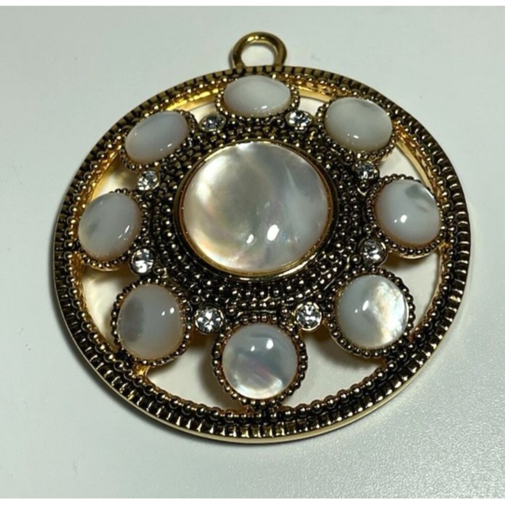 Joan Rivers Round Pendant Gold Tone w/ Mother of Pearl Cabochons Around 2" Wide